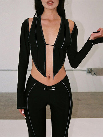 Sexy Cyber Y2k Patchwork Pants Suits Black Gothic 90s Techwear Hollow Out Tie Up Halter Camis Punk Pin High Waist Pants 2Pc Sets