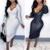 Sexy Deep V Low Cut Bodycon Midi Dress Vintage Women Polka Dot Sheath Dress Office Lady Skinny Long Sleeve Dress Autumn Spring