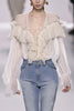 Sexy Deep V-Neck Ruffled Chiffon Shirts Retro lantern Sleeve Pleated Blouses Splice Flounce Thin Transparent Tops 2023