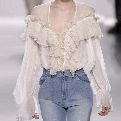 Sexy Deep V-Neck Ruffled Chiffon Shirts Retro lantern Sleeve Pleated Blouses Splice Flounce Thin Transparent Tops 2023