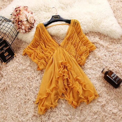 Sexy Deep V-neck bat sleeves Blouses Double layers Ruffles irregular Pleated Chiffon Shirt High waist Lotus Tops 2022