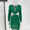 Sexy Dresses Party Night Club Dress 2023 Long Sleeve Deep V Neck Drawstring Backless Spring Autumn Sweater Green Dresses