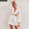 Sexy Dresses Party Night Club Dress 2023 Long Sleeve Deep V Neck Drawstring Backless Spring Autumn Sweater Green Dresses