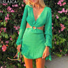 Sexy Dresses Party Night Club Dress 2023 Long Sleeve Deep V Neck Drawstring Backless Spring Autumn Sweater Green Dresses
