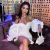 Sexy Elegant Off Shoulder Ruched Sheath Dress Women Long Sleeve V Neck Solid Ruffle Bodycon Mini Dress Evening Party Dress