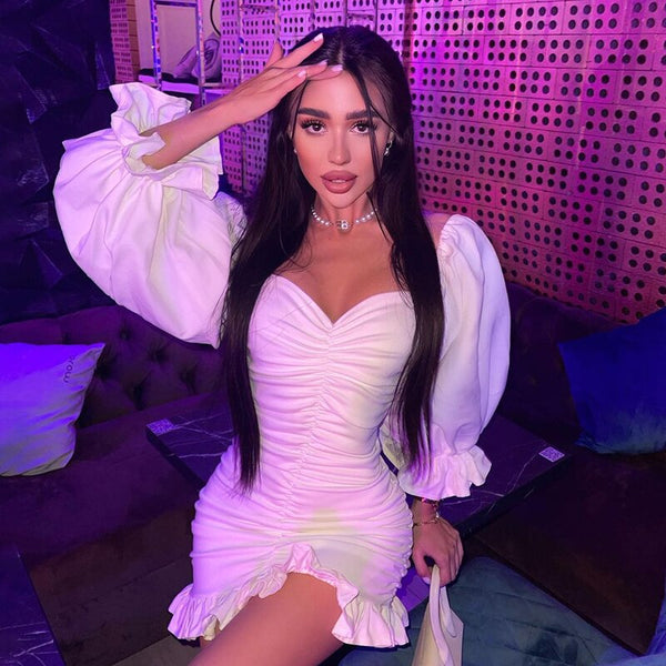 Sexy Elegant Off Shoulder Ruched Sheath Dress Women Long Sleeve V Neck Solid Ruffle Bodycon Mini Dress Evening Party Dress