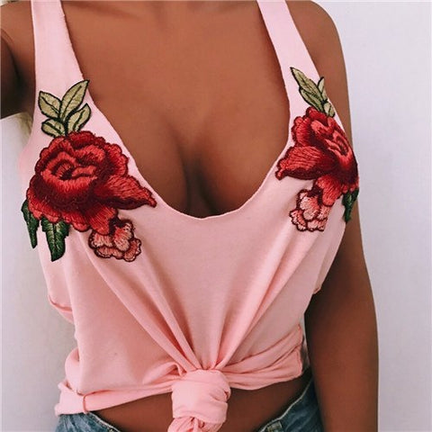 Sexy Floral Embroidery Tank Top Fashion Women Flower Vest Crop Top Female Scoop Neck Sleeveless Plus Size Casual Shirt Blouse
