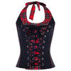 Sexy Gothic Style Lace Up Croset Plaid Patchwork Halter Neck Sleeveless Women Tops Open Back Tank Top Vintage Female tops