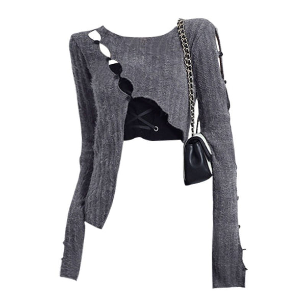 Sexy Hollow Out Irregular Knitted Top Harajuku Y2K Pullovers Streetwear Long Sleeved Korean Style Split Pullover Thin Sweaters