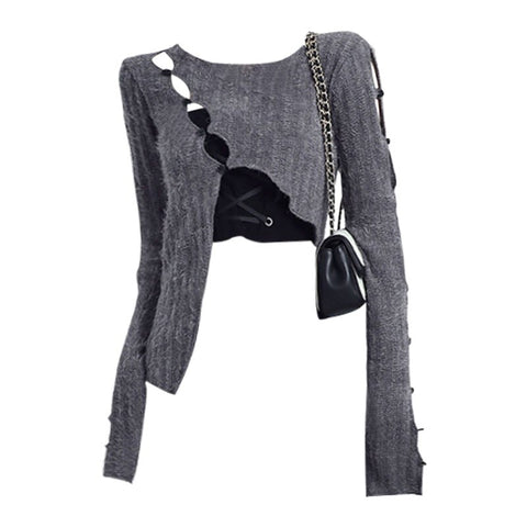 Sexy Hollow Out Irregular Knitted Top Harajuku Y2K Pullovers Streetwear Long Sleeved Korean Style Split Pullover Thin Sweaters