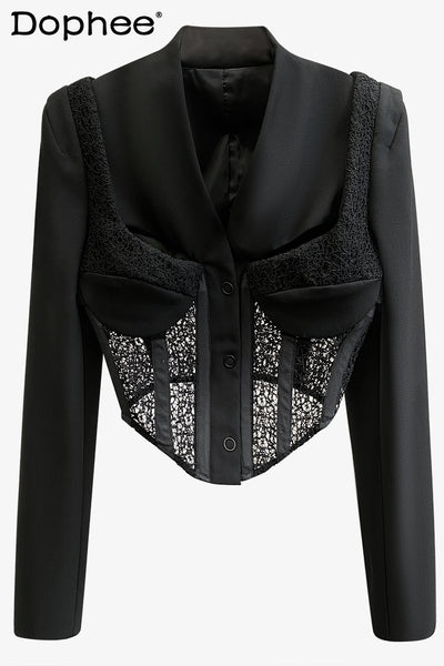 Sexy Hollow Out Lace Stitching Fishbone Corset Suit Jacket for Women 2023 Autumn Black Short Blazer Long Sleeve Jacket Lady