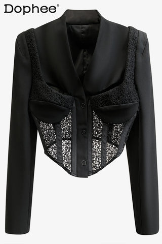 Sexy Hollow Out Lace Stitching Fishbone Corset Suit Jacket for Women 2023 Autumn Black Short Blazer Long Sleeve Jacket Lady