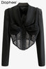 Sexy Hollow Out Lace Stitching Fishbone Corset Suit Jacket for Women 2023 Autumn Black Short Blazer Long Sleeve Jacket Lady