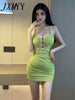 Sexy Girl Strap Green Spaghetti Strap Wrapping Chest Women Low-cut Bodycon Slim Hip Evening Night Club Party bandage Dress