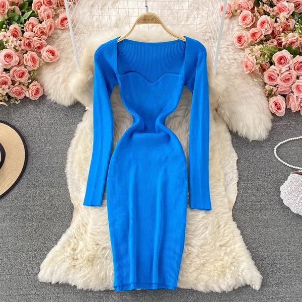 Sexy Knitted Dresses For Women 2022 Strapless Ribbed Elastic Slim Solid High Waist Long Sleeve Dress Midi Sweater Dress