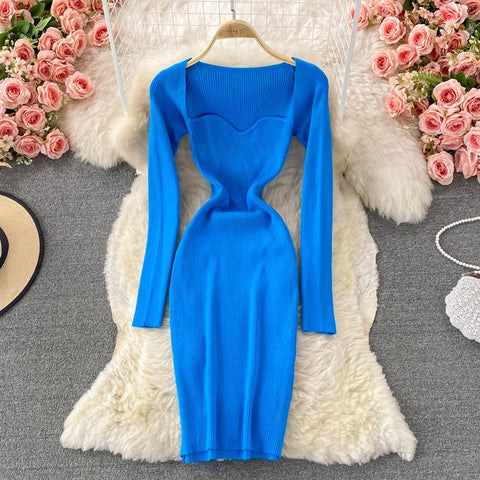 Sexy Knitted Dresses For Women 2022 Strapless Ribbed Elastic Slim Solid High Waist Long Sleeve Dress Midi Sweater Dress