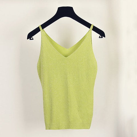 Sexy Knitted Tank Tops Women Gold Thread sequins top sleeveless V Neck stretch vest Blusas 19colors Solid Silver Camis Fitness