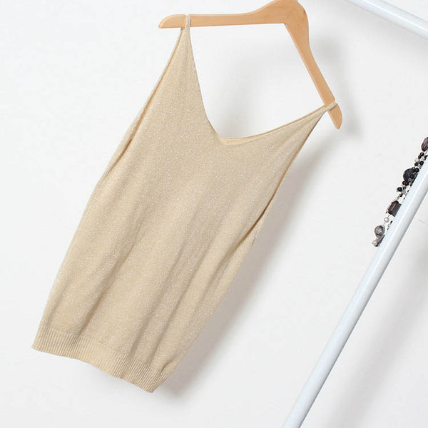 Sexy Knitted Tank Tops Women Gold Thread strapless short Sequined V Neck Tank Blusa Solid Silver Camis Beige Fitness Sweater