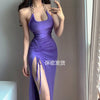 Sexy Korean 2022 Sweet Girl Female Chain Stitching Strapless Backless Side Split Drawstring Long Strap Tank Dress Dresses