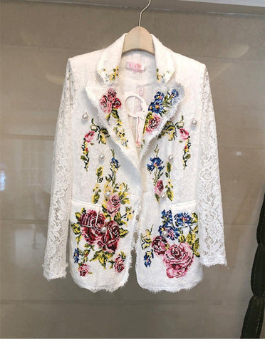 Sexy Lace Crochet White Embroidery Blazers Elegant Women Summer Hollow Out Long Sleeve Blazer  Work Suit Jacket Coat Outerwear