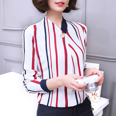 Sexy Long Sleeve V-neck Tops 2022 Autumn New Women Blouse Shirt Striped Chiffon Long Sleeve Female Clothing Blusas Tops 0858 30