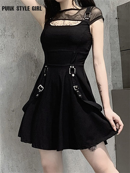 Sexy Mesh Hollow Goth Dress Women Gothic Style Bandage Mini Dresses Harajuku Solid Black Slim Robe Punk Style Egirl Vestidos