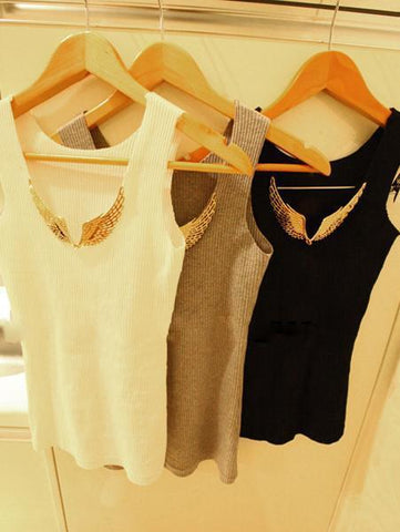 Sexy Metal Wings Summer Women Tank Tops Solid Sequined Cotton Sleeveless Camis Women Clothes Free Size 3 Colors