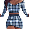 Sexy Mini Skirt Suits Women Long Sleeve Off Shoulder Blouse Top elegance Plaid Bodycon Skirt Outfits Women's Clothing
