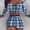 Sexy Mini Skirt Suits Women Long Sleeve Off Shoulder Blouse Top elegance Plaid Bodycon Skirt Outfits Women's Clothing