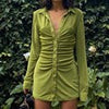 Sexy Mini Slim Dress Women Green Club Party Dress Turn-Down Collar Button Ruched Shirt Dresses Female Elegant Vestidos