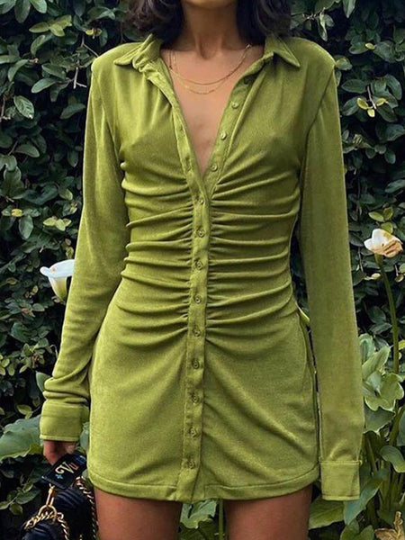 Sexy Mini Slim Dress Women Green Club Party Dress Turn-Down Collar Button Ruched Shirt Dresses Female Elegant Vestidos
