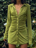 Sexy Mini Slim Dress Women Green Club Party Dress Turn-Down Collar Button Ruched Shirt Dresses Female Elegant Vestidos