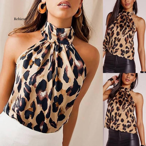 Sexy Off Shoulder Leopard Blouse Chiffon Women Tops Summer Animal Print Casual Backless Sleeveless Shirts