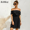 Sexy Off Shoulder Mini Dress Women Summer 2023 Short Sleeve Black Lace Solid White Elegant Dresses Casual Robe Femme