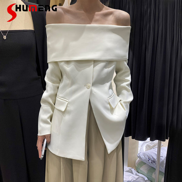 Sexy Off-Shoulder Slimming Long Sleeve Black Business Suit Coat Women Temperament Slim Blazer Top Ladies 2023 Spring Clothes
