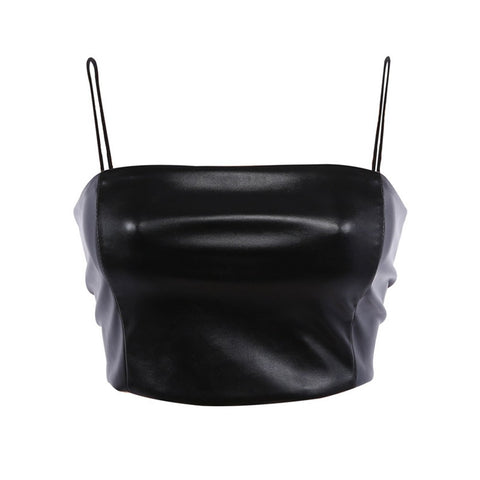 Sexy PU Leather Straps Tank Top Women Black Sleeveless Camis Crop Tops 2022 Fashion Ladies Slash Neck Party Clubwear Cropped