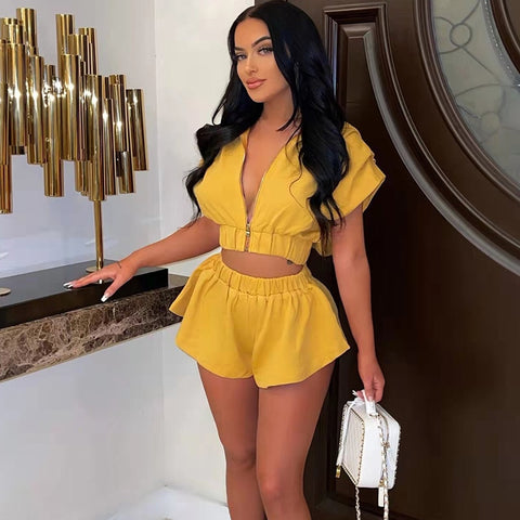 Sexy Party Two Piece Short Set for Women Clubwear Zip Hoodies Crop Top and Shorts Suits Casual Matching Sets Outfits Co Ord Set