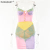 Sexy Patchwork Diamond Spaghetti Strap Lace Mini Bodycon Dress Women Elegant Party Backless Sleeveless Button Short Camis Dress