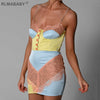 Sexy Patchwork Diamond Spaghetti Strap Lace Mini Bodycon Dress Women Elegant Party Backless Sleeveless Button Short Camis Dress