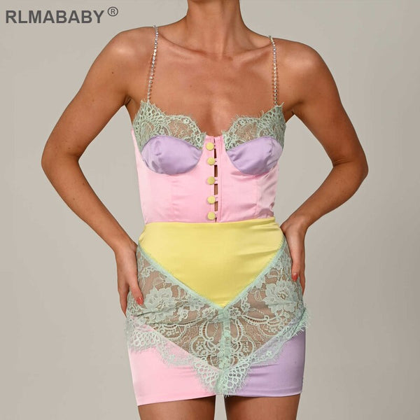 Sexy Patchwork Diamond Spaghetti Strap Lace Mini Bodycon Dress Women Elegant Party Backless Sleeveless Button Short Camis Dress