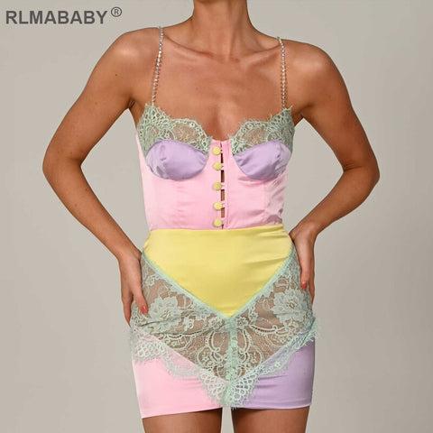 Sexy Patchwork Diamond Spaghetti Strap Lace Mini Bodycon Dress Women Elegant Party Backless Sleeveless Button Short Camis Dress