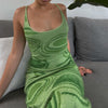 Sexy Print Knit Bodycon Dress Women Green Y2K Party Dress Hollow Out Sleeveless Spaghetti Strap Beach Midi Dresses Summer