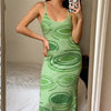 Sexy Print Knit Bodycon Dress Women Green Y2K Party Dress Hollow Out Sleeveless Spaghetti Strap Beach Midi Dresses Summer