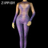 Sexy Purple Snake Striae Pattern Jumpsuit Stones Stretch Bodysuit Women's Dance Singer Costume Nightclub Cosplay Show Stage Wear