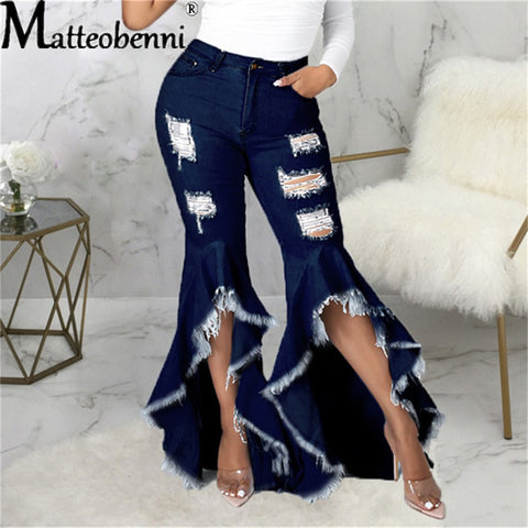 Sexy Ripped Jeans Fringe Hollow Out Ruffle Water Wash Flare Denim Pants High Waist Bodycon Hole Women Trousers Club Outfits