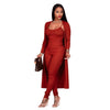 Sexy Solid Knitted Suit Women 2 Piece Set Casual Outfits Spaghetti Strap Bodycon Jumpsuit and Long Sleeve Open Stitch Streetwear