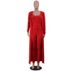 Sexy Solid Knitted Suit Women 2 Piece Set Casual Outfits Spaghetti Strap Bodycon Jumpsuit and Long Sleeve Open Stitch Streetwear