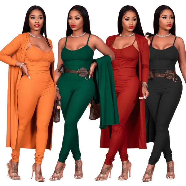 Sexy Solid Knitted Suit Women 2 Piece Set Casual Outfits Spaghetti Strap Bodycon Jumpsuit and Long Sleeve Open Stitch Streetwear