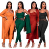 Sexy Solid Knitted Suit Women 2 Piece Set Casual Outfits Spaghetti Strap Bodycon Jumpsuit and Long Sleeve Open Stitch Streetwear