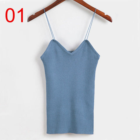 Sexy Solid Knitted Tank Tops Women Cute Basic Camis V-Neck Vest Blusa Black White Pink Beige Backless Fitness Tops Tees Female